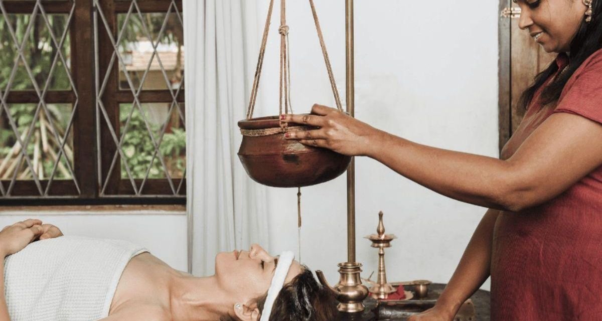 Shirodhara for sleep therapy using warm herbal oil to calm the mind and improve sleep quality